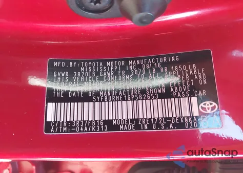 2016 Toyota Corolla Le z USA, uszkodzony, nr VIN 5YFBURHE1GP562653